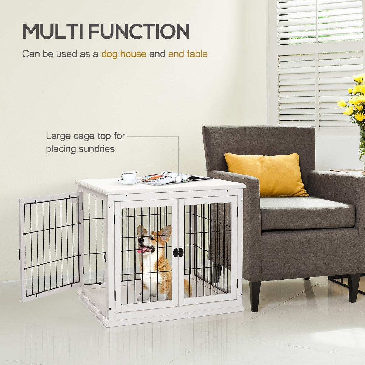 26" Wooden Dog Crate, Furniture Style Pet Cage Kennel, End Table, with Lockable Double Door Entrance, and Top Shelf, White - Prioka