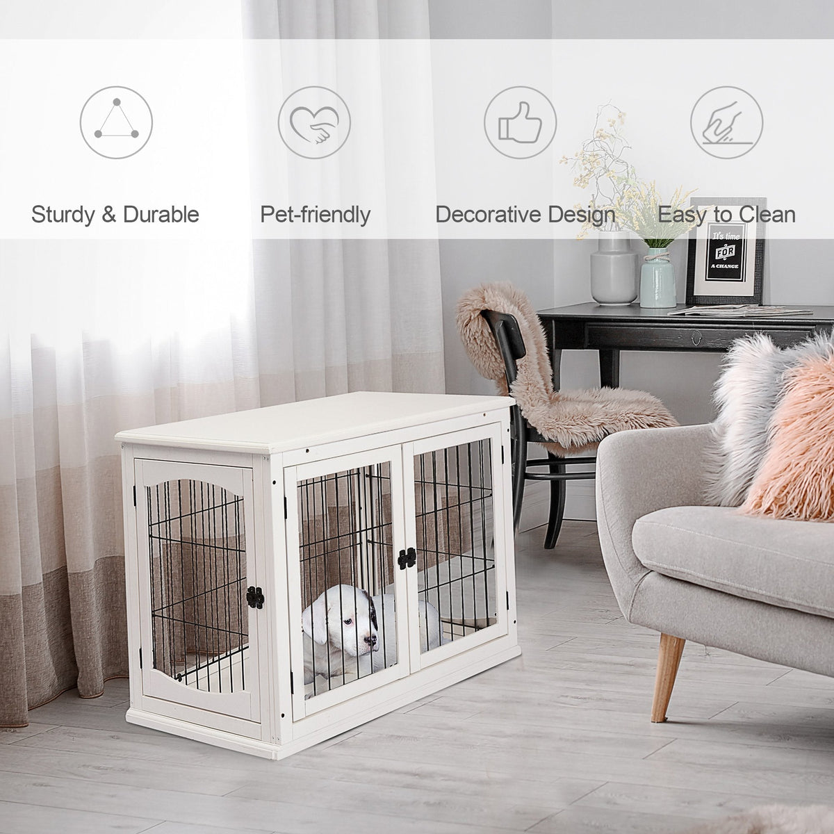 26" Wooden Dog Crate, Furniture Style Pet Cage Kennel, End Table, with Lockable Double Door Entrance, and Top Shelf, White - Prioka