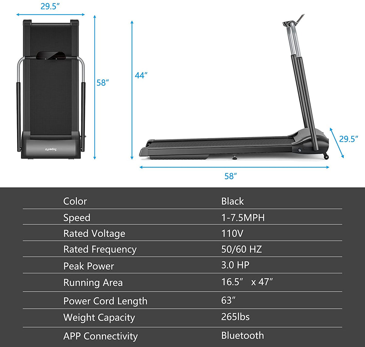 3.0HP Folding Treadmill, Foldable Superfit Treadmill - Prioka