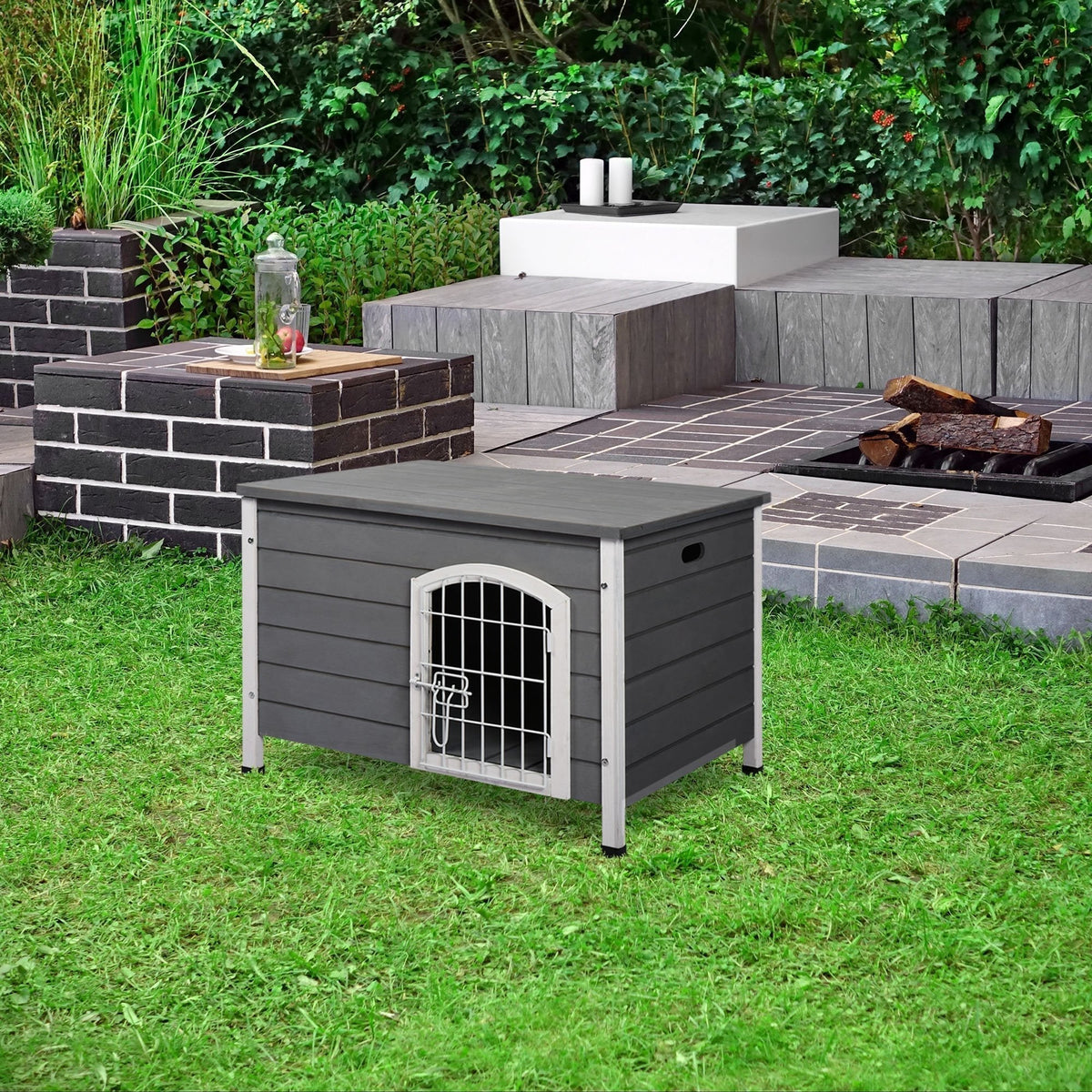 31"L Wooden Decorative Dog Cage Kennel Wire Door with Lock Small Animal House with Openable Top Removable Bottom Grey - Prioka
