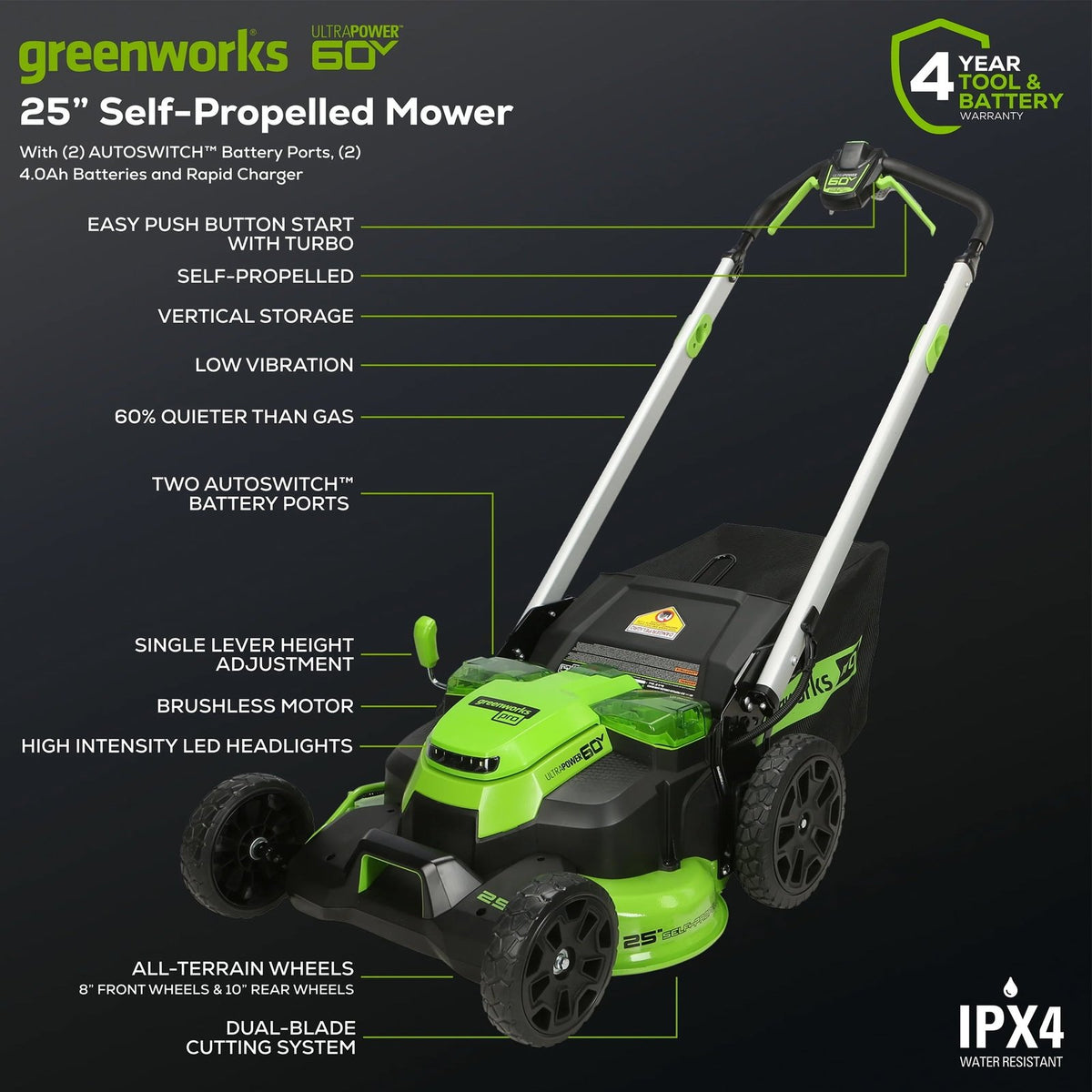 Greenworks 60V 25″ Cordless Brushless Self-Propelled Mower + Two (2) 4.0Ah Batteries & Dual Port Charger