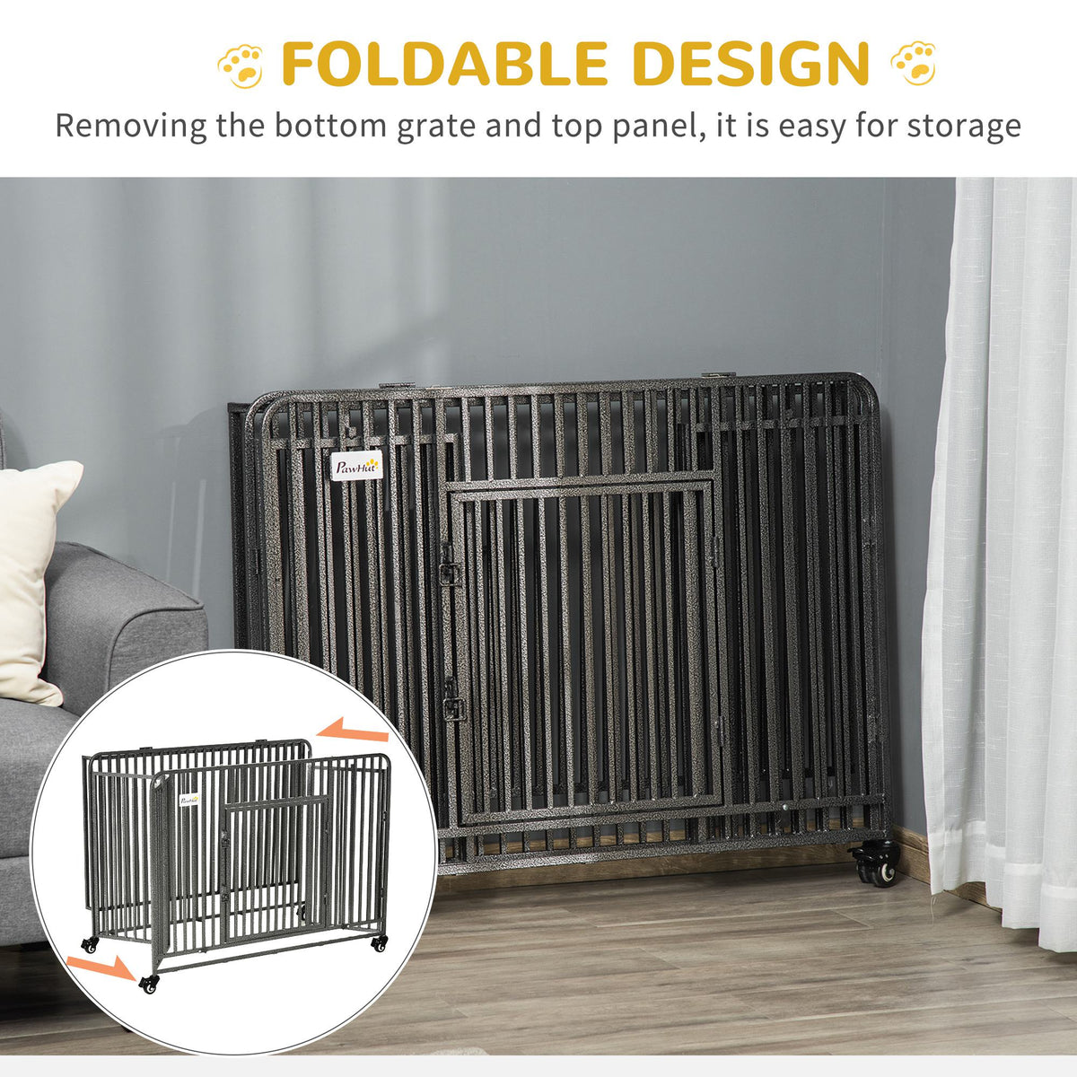 43" Heavy Duty Dog Cage, Foldable Steel Crate Kennel with Removable Tray, Double Doors, 4 Lockable Wheels for Medium & Large Dogs, Dark Silver - Prioka