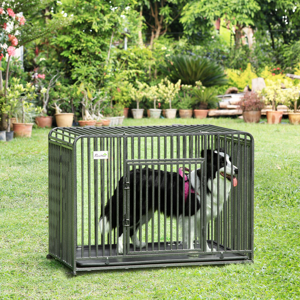 43" Heavy Duty Dog Cage, Foldable Steel Crate Kennel with Removable Tray, Double Doors, 4 Lockable Wheels for Medium & Large Dogs, Dark Silver - Prioka