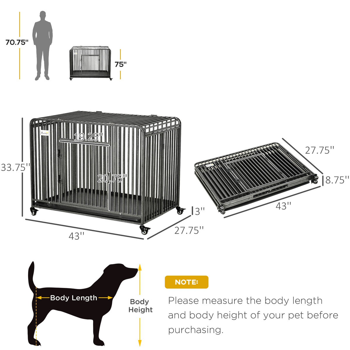 43" Heavy Duty Dog Cage, Foldable Steel Crate Kennel with Removable Tray, Double Doors, 4 Lockable Wheels for Medium & Large Dogs, Dark Silver - Prioka
