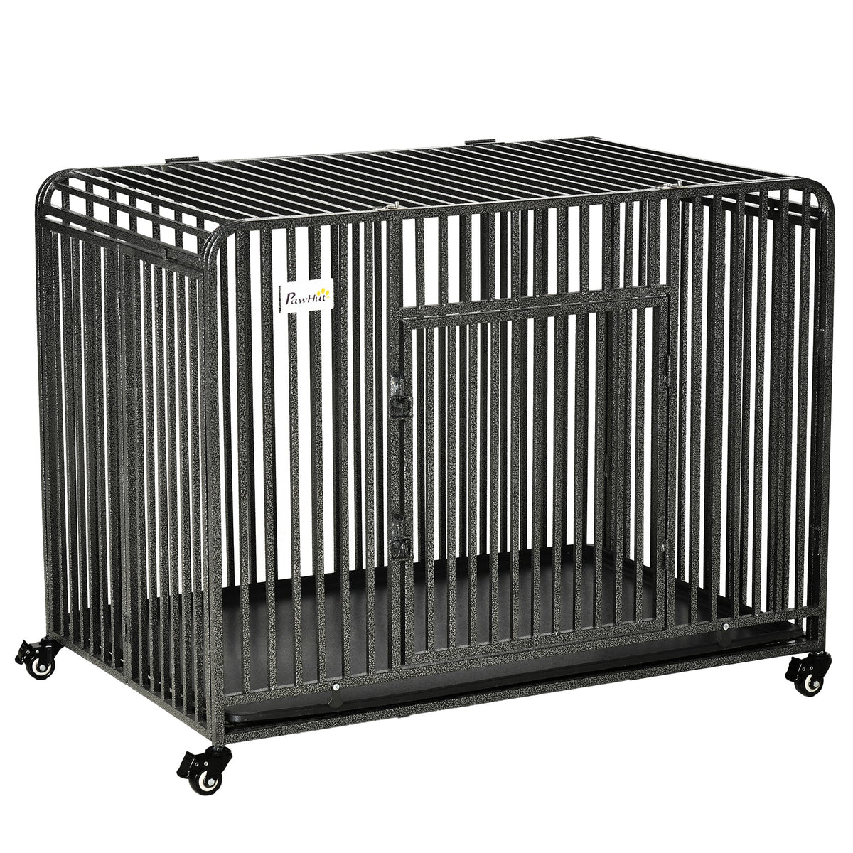 43" Heavy Duty Dog Cage, Foldable Steel Crate Kennel with Removable Tray, Double Doors, 4 Lockable Wheels for Medium & Large Dogs, Dark Silver - Prioka