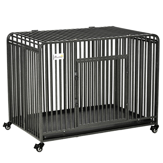 43" Heavy Duty Dog Cage, Foldable Steel Crate Kennel with Removable Tray, Double Doors, 4 Lockable Wheels for Medium & Large Dogs, Dark Silver - Prioka
