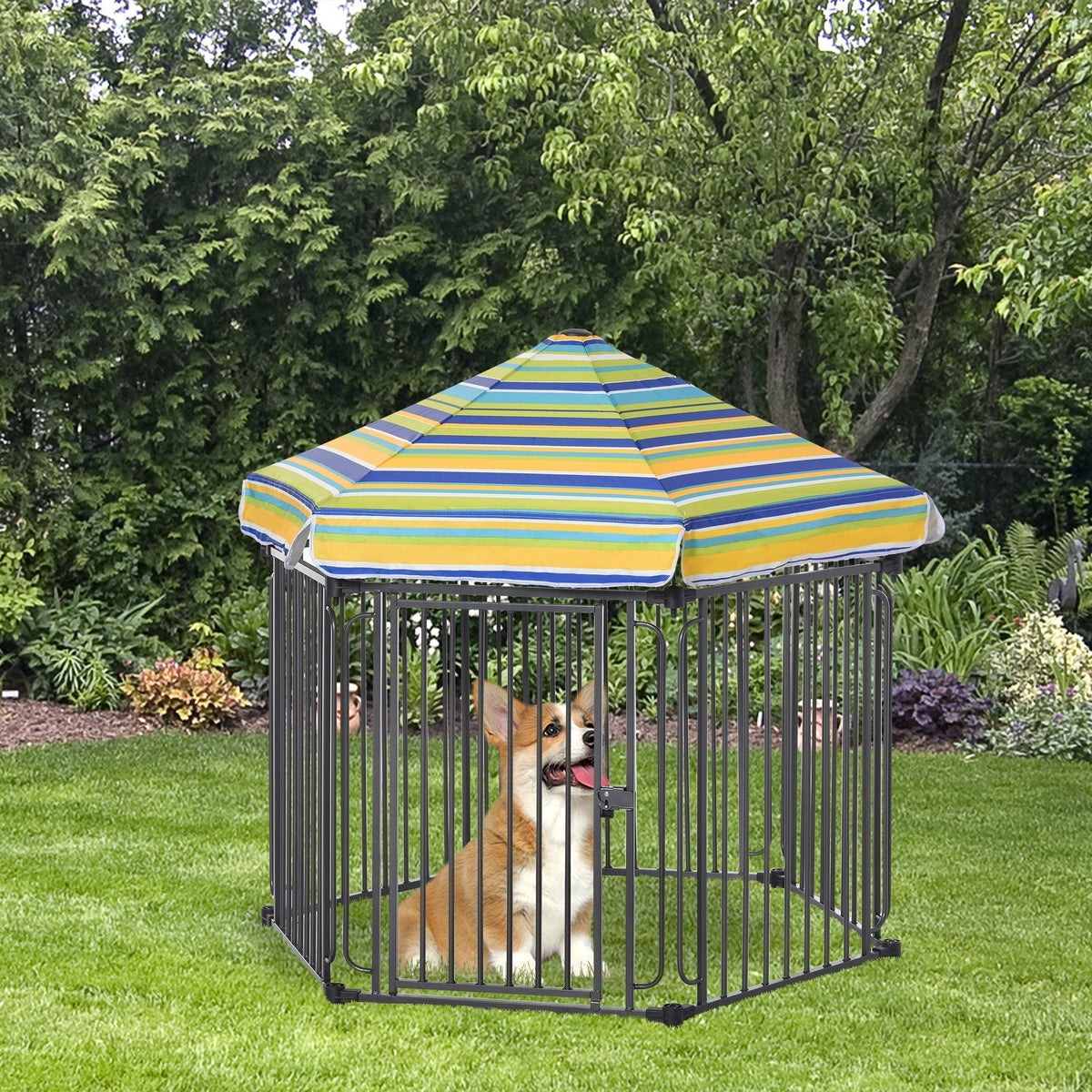 47" Heavy-duty Pet Playpen Kennel with Door & Removable Cover 6 Panels Freestanding Puppy Crate Fence for Small Medium Sized Dogs - Prioka