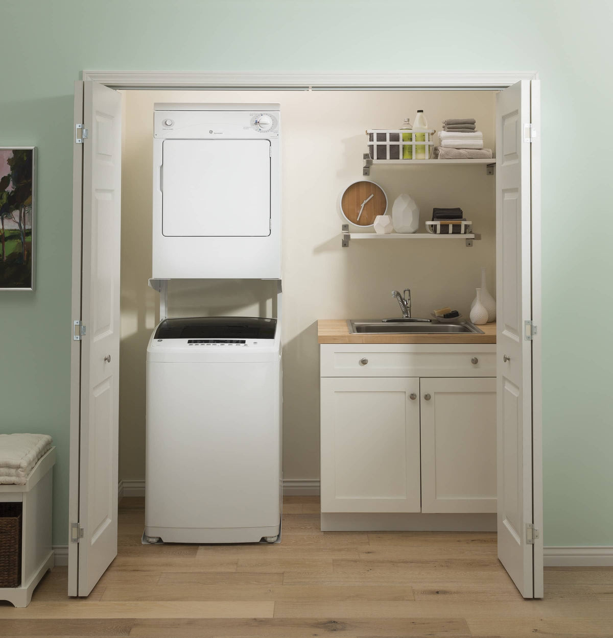 GE – 3.6 Cu. Ft. Stackable Electric Dryer with Portable – White