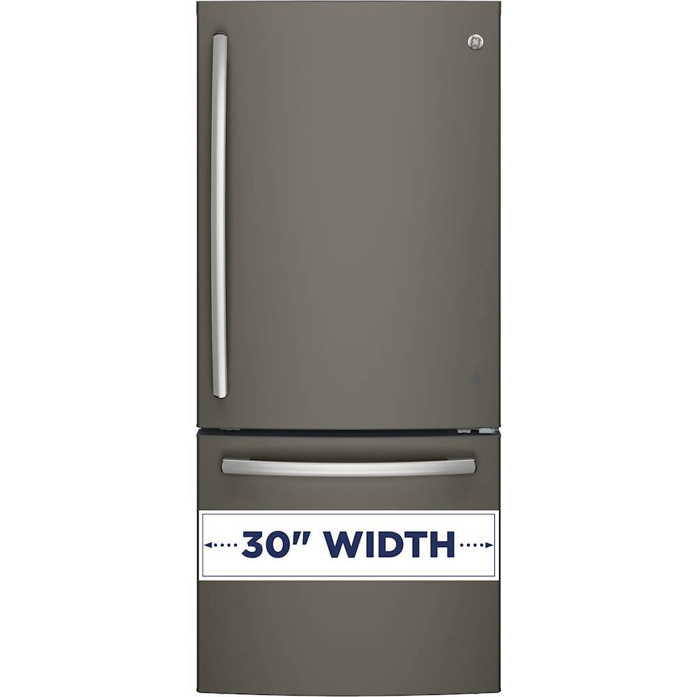 GE – 30 in. Wide 21.0 Cu. Ft. Bottom-Freezer Refrigerator with Sliding Snack Drawer – Slate
