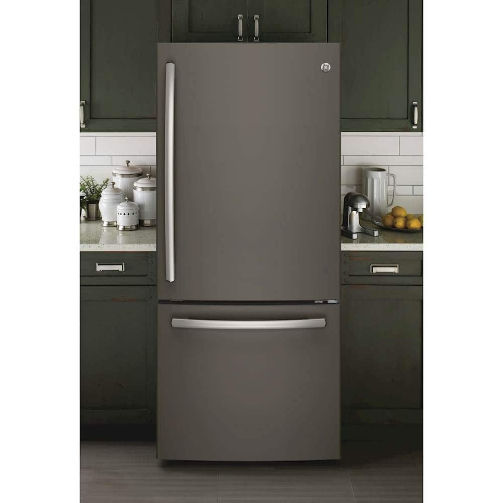 GE – 30 in. Wide 21.0 Cu. Ft. Bottom-Freezer Refrigerator with Sliding Snack Drawer – Slate