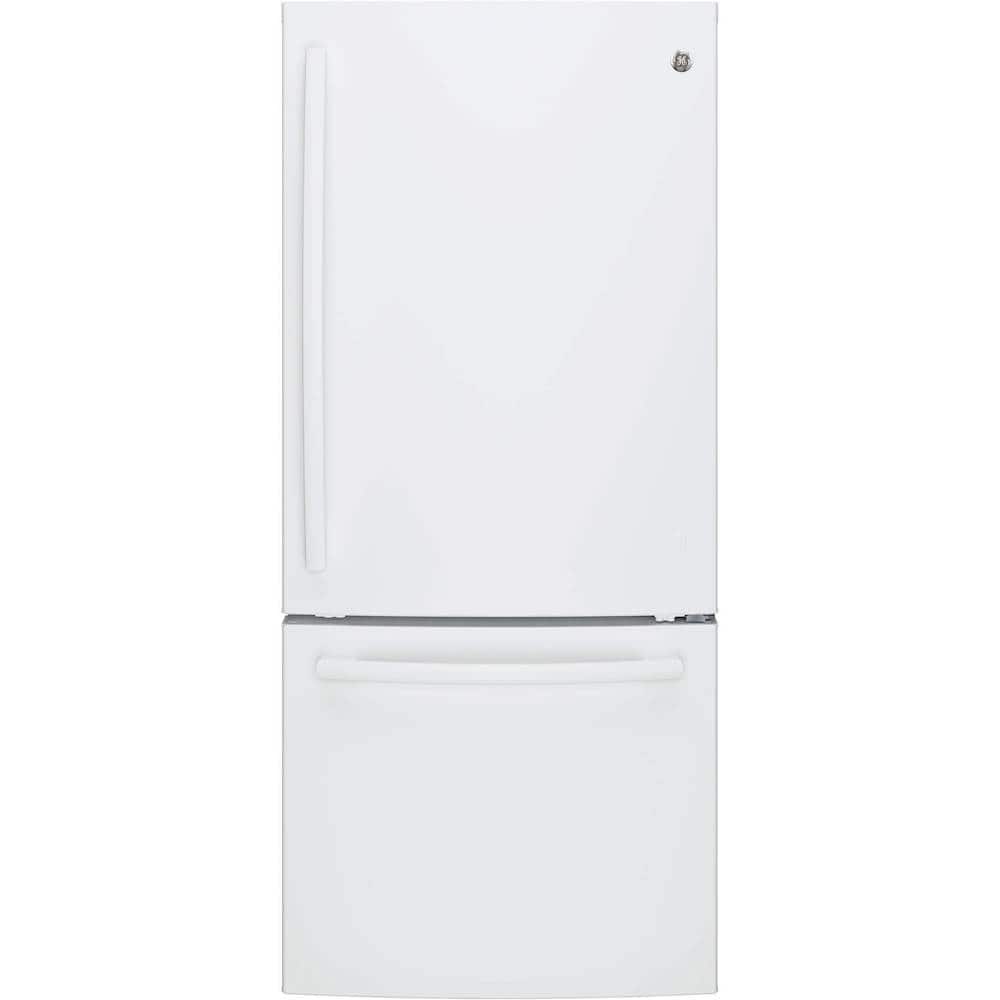 GE – 30 in. Wide 21.0 Cu. Ft. Bottom-Freezer Refrigerator with LED Internal Lighting – High Gloss White