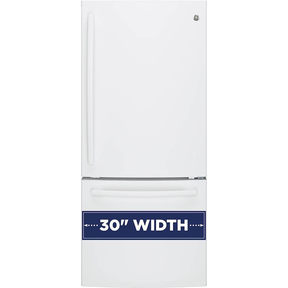 GE – 30 in. Wide 21.0 Cu. Ft. Bottom-Freezer Refrigerator with LED Internal Lighting – High Gloss White