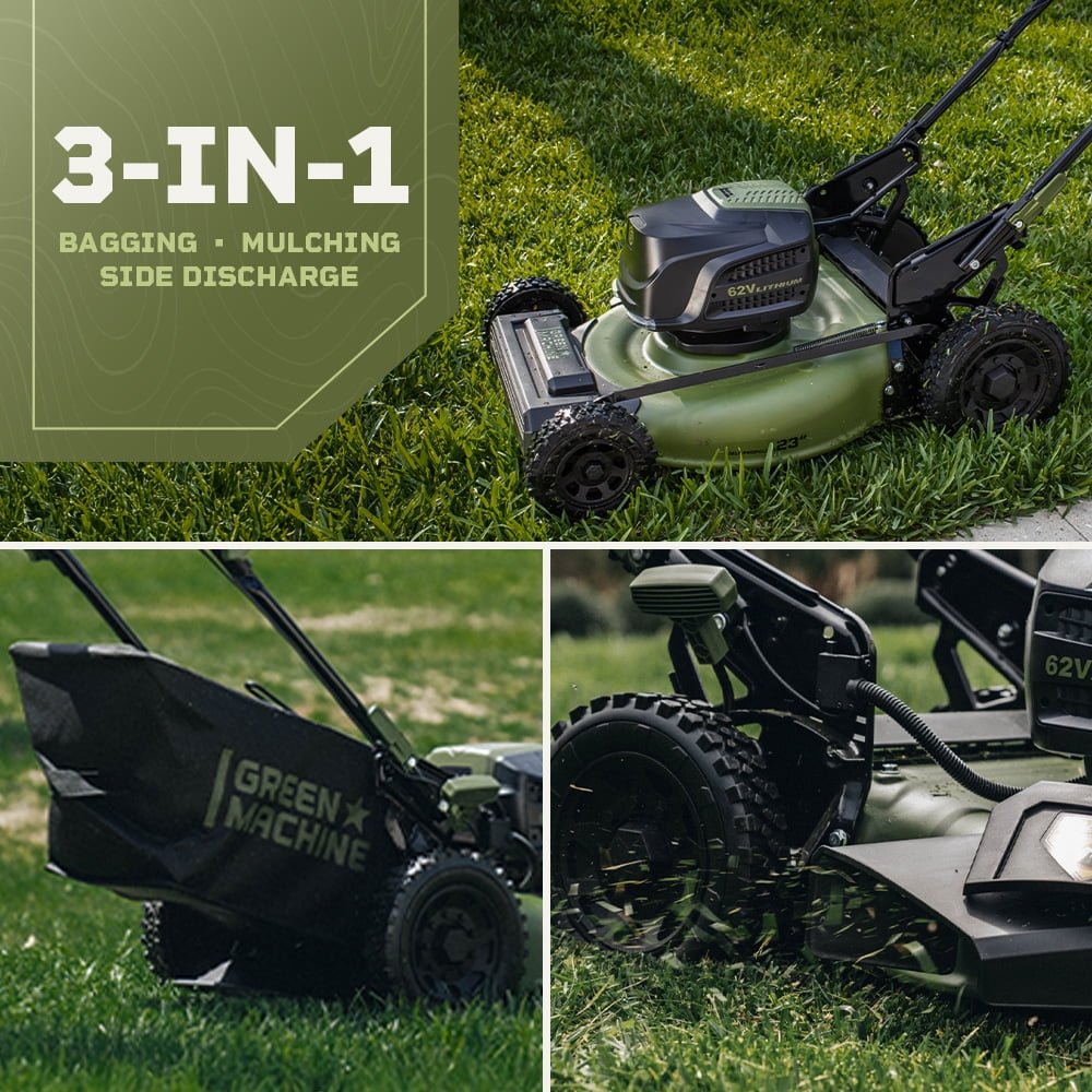 Green Machine 62V 23-Inch Self-Propelled Brushless Cordless Electric Lawn Mower, Includes Two 4.0Ah Batteries and Rapid Charger