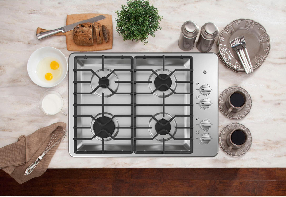 GE – 30 in. Wide 4 Burner Built-In Gas Cooktop with Dishwasher-Safe Grates – Stainless Steel