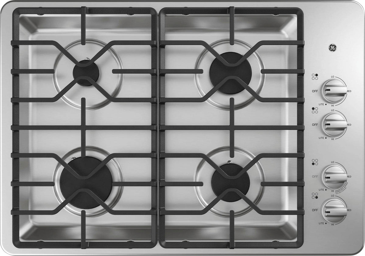GE – 30 in. Wide 4 Burner Built-In Gas Cooktop with Dishwasher-Safe Grates – Stainless Steel