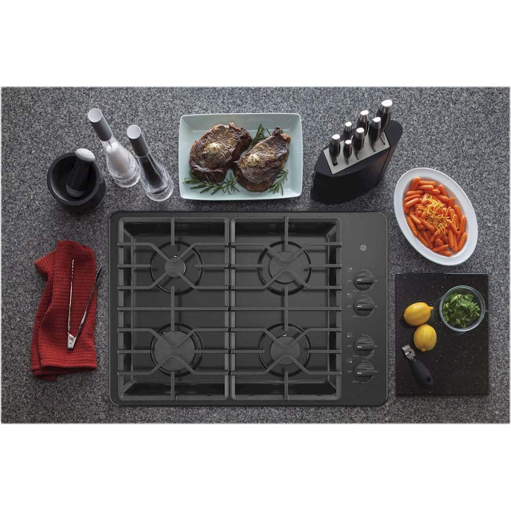 GE – 30 in. Wide 4 Burner Built-In Gas Cooktop with Dishwasher-Safe Grates – Black