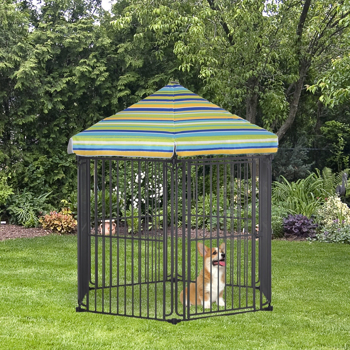 60" x 52" Heavy-Duty Outdoor Pet Cage Kennel with Weather-Resistant Polyester Roof, Locking Door, & Metal Frame - Prioka