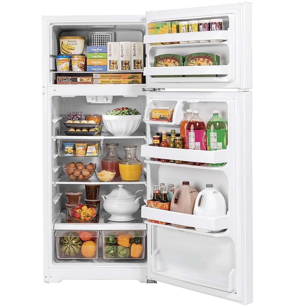 GE – 28 in. Wide 16.6 Cu. Ft. Top-Freezer Refrigerator with Edge-to-Edge Glass Shelves – White