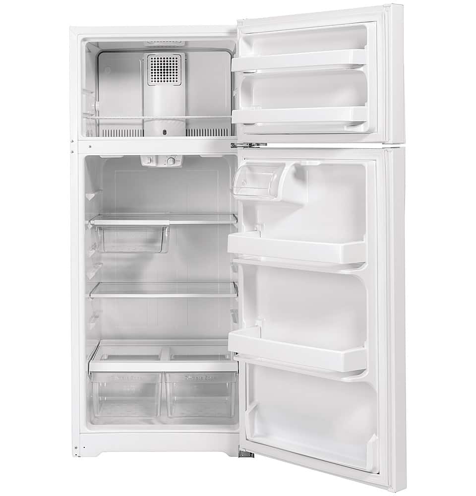 GE – 28 in. Wide 16.6 Cu. Ft. Top-Freezer Refrigerator with Edge-to-Edge Glass Shelves – White