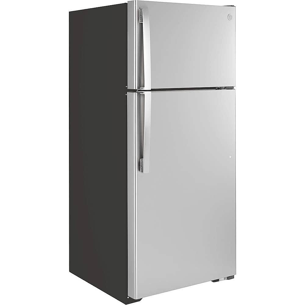 GE – 28 in. Wide 16.6 Cu. Ft. Top-Freezer Refrigerator with Edge-to-Edge Glass Shelves – Stainless Steel