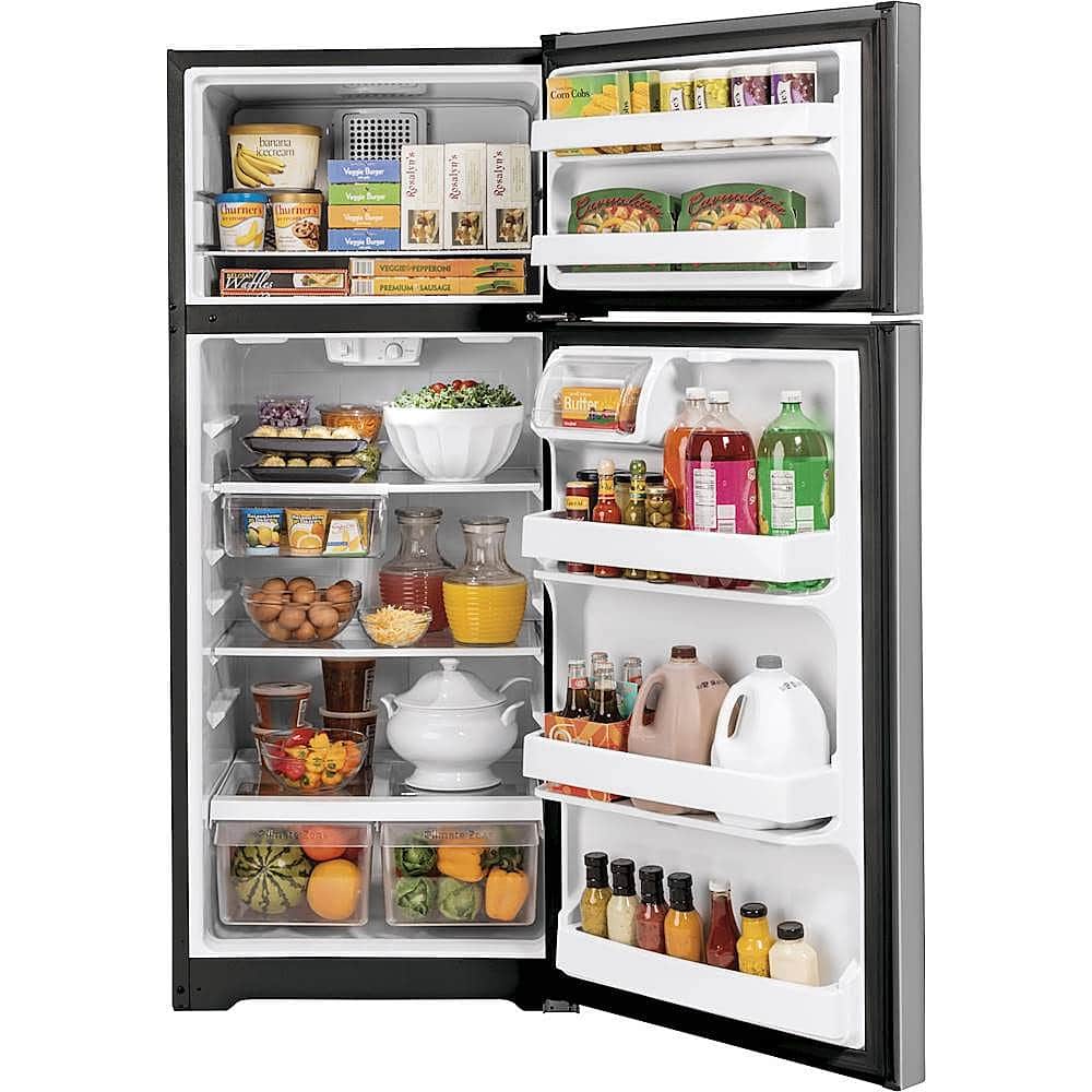 GE – 28 in. Wide 16.6 Cu. Ft. Top-Freezer Refrigerator with Edge-to-Edge Glass Shelves – Stainless Steel