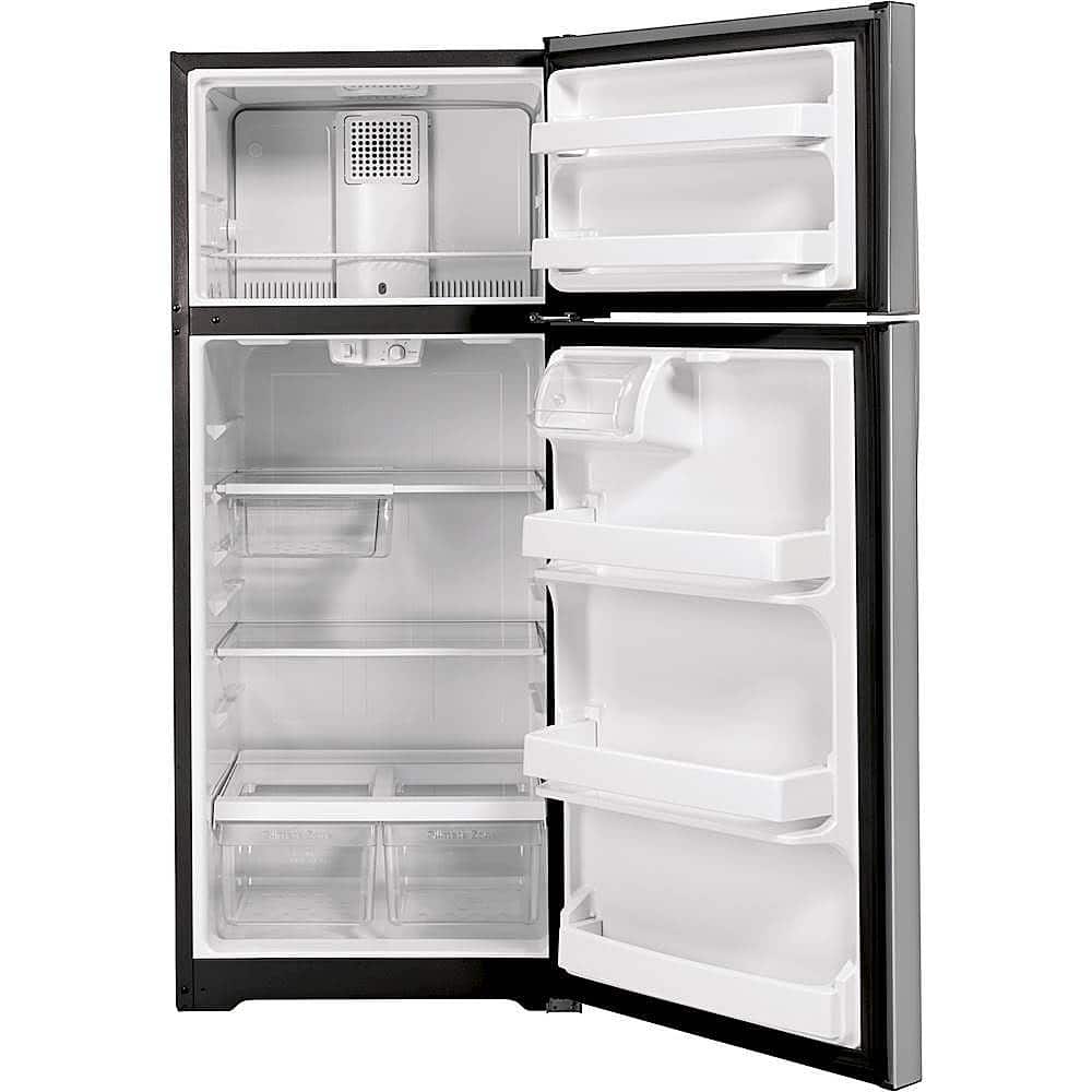 GE – 28 in. Wide 16.6 Cu. Ft. Top-Freezer Refrigerator with Edge-to-Edge Glass Shelves – Stainless Steel