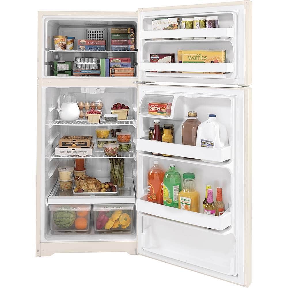 GE – 28 in. Wide 16.6 Cu. Ft. Top-Freezer Refrigerator with LED Interior Lighting – Bisque
