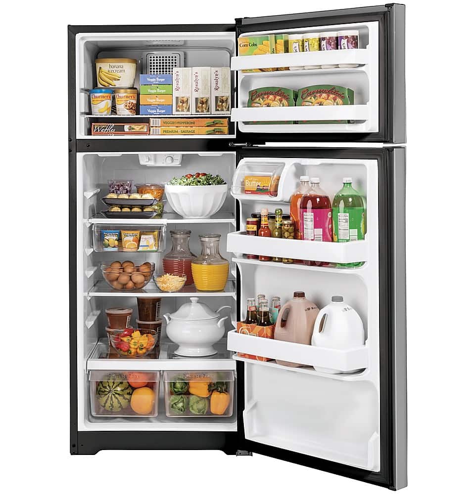 GE – 28 in. Wide 16.6 Cu. Ft. Top-Freezer Refrigerator with Edge-to-Edge Glass Shelves – Stainless Steel