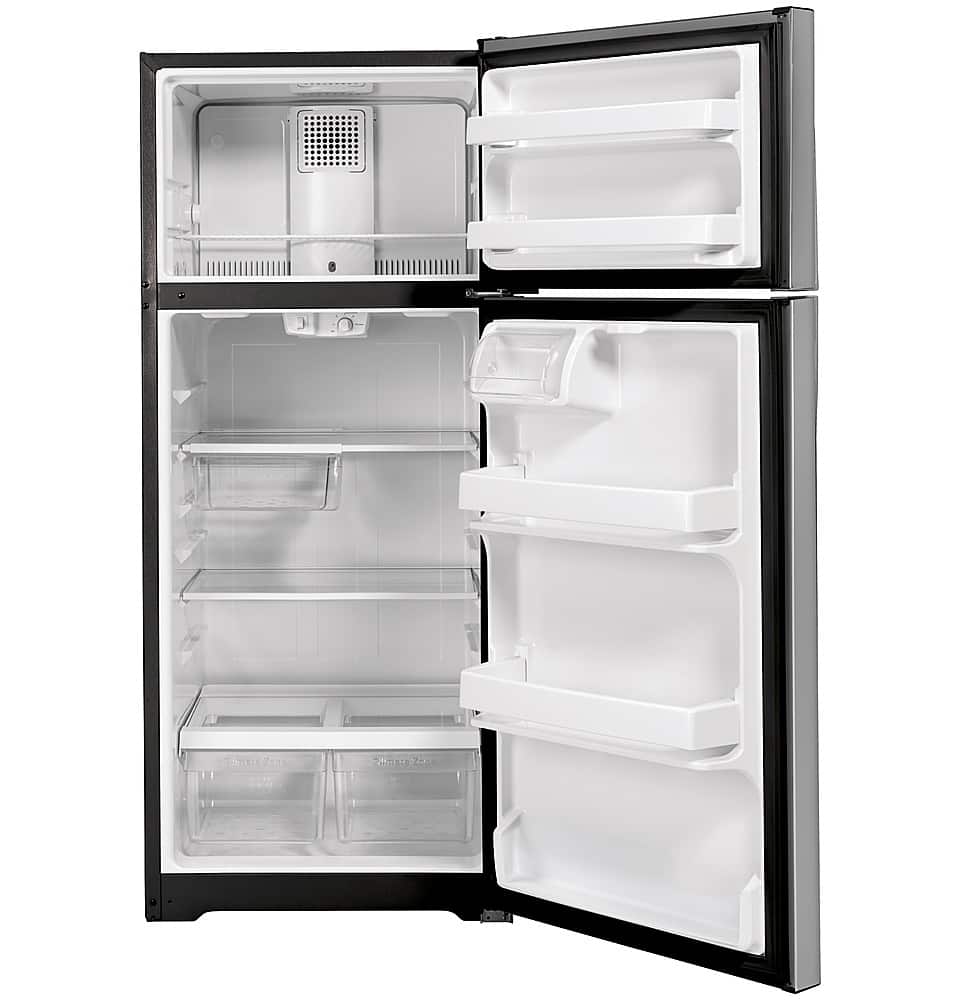 GE – 28 in. Wide 16.6 Cu. Ft. Top-Freezer Refrigerator with Edge-to-Edge Glass Shelves – Stainless Steel