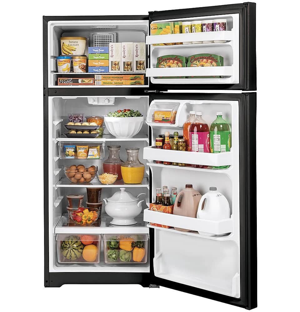 GE – 28 in. Wide 16.6 Cu. Ft. Top-Freezer Refrigerator with Edge-to-Edge Glass Shelves – Black