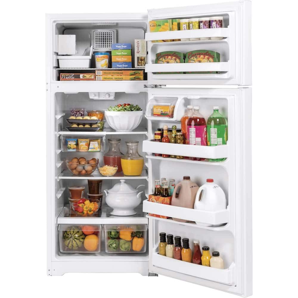 GE – 28 in. Wide 17.5 Cu. Ft. Top-Freezer Refrigerator with Edge-to-Edge Glass Shelves – White