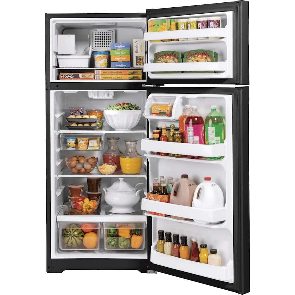 GE – 28 in. Wide 17.5 Cu. Ft. Top-Freezer Refrigerator with Edge-to-Edge Glass Shelves – Black