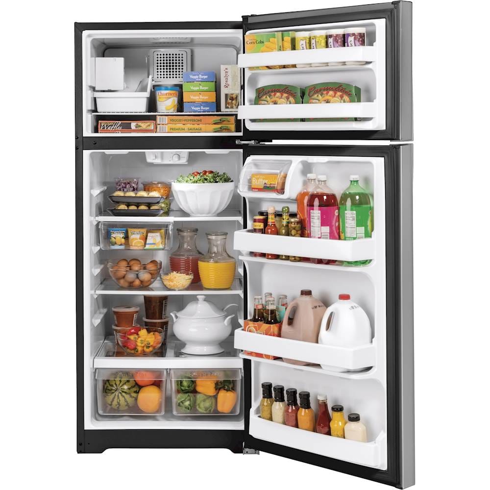 GE – 28 in. Wide 17.5 Cu. Ft. Top-Freezer Refrigerator with Edge-to-Edge Glass Shelves – Stainless Steel