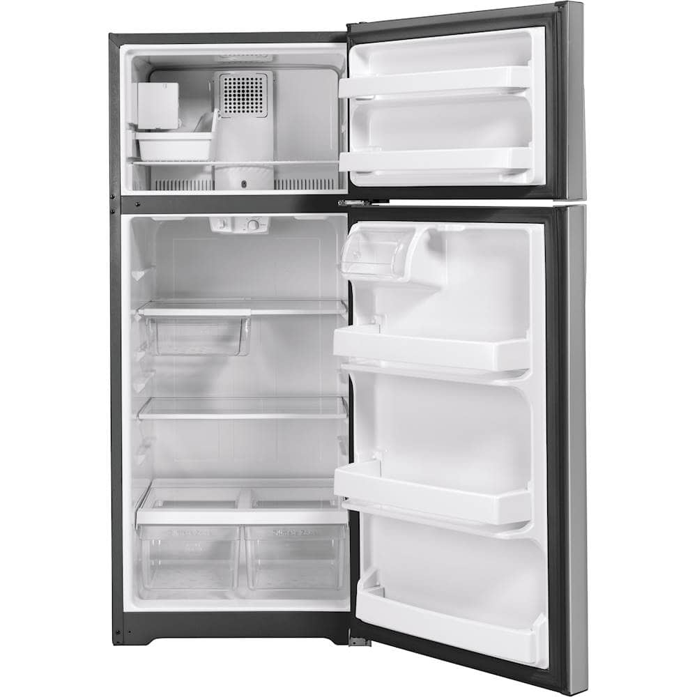 GE – 28 in. Wide 17.5 Cu. Ft. Top-Freezer Refrigerator with Edge-to-Edge Glass Shelves – Stainless Steel