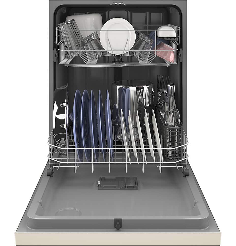 GE – 24″ Front Control Built-In Plastic Tub Dishwasher with Steam + Sanitization and 55 dBA – Bisque