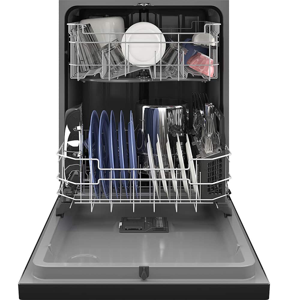GE – 24″ Front Control Built-In Plastic Tub Dishwasher with Steam + Sanitization and 52 dBA – Black