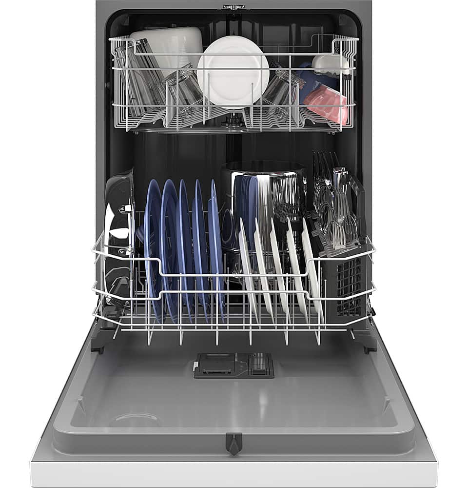 GE – 24″ Front Control Built-In Plastic Tub Dishwasher with Steam + Sanitization and 52 dBA – White