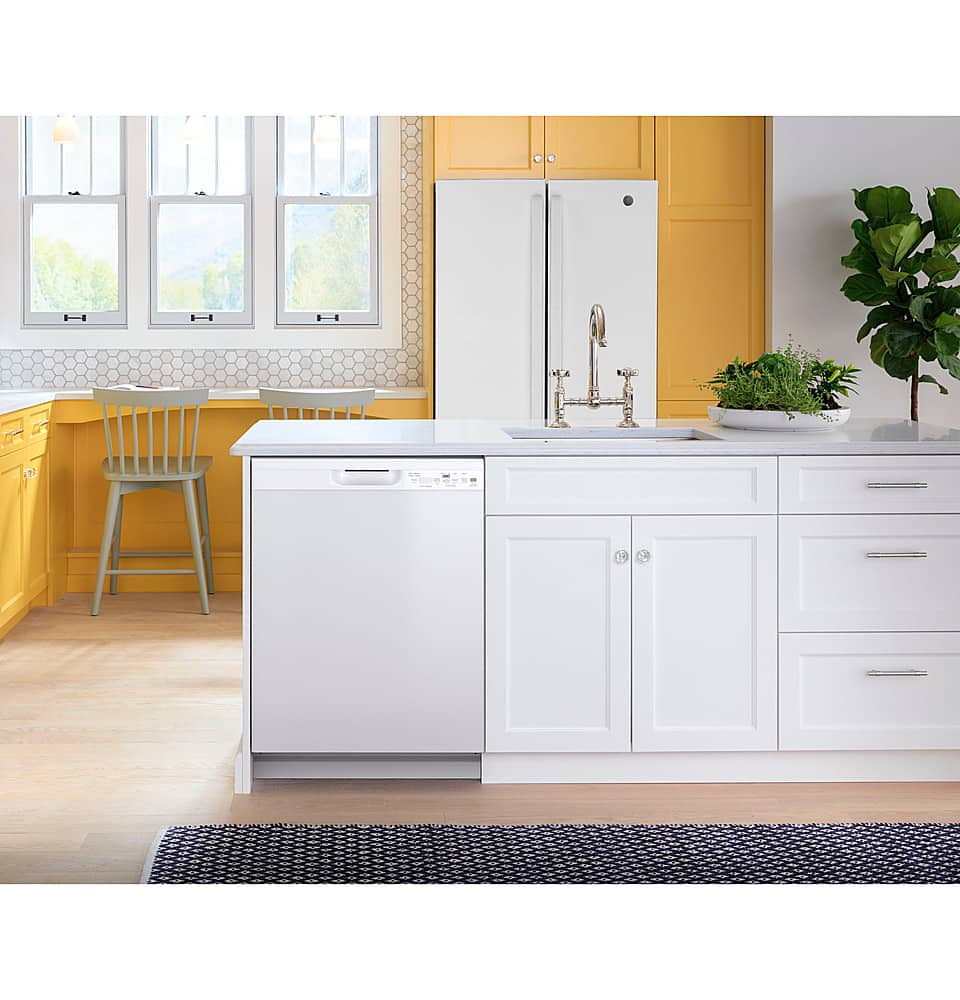 GE – 24″ Front Control Built-In Plastic Tub Dishwasher with Steam + Sanitization and 52 dBA – White