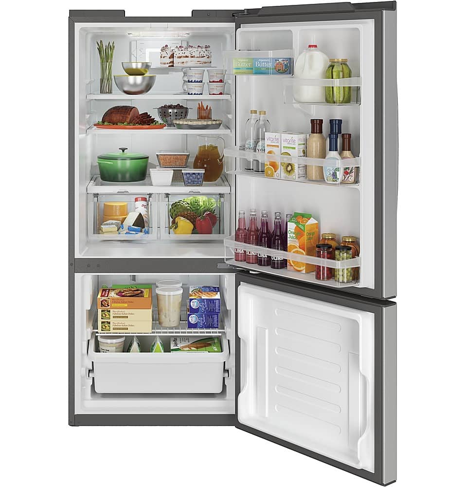 GE – 30 in. Wide 21.0 Cu. Ft. Bottom-Freezer Refrigerator with LED Interior Lighting – Stainless Steel