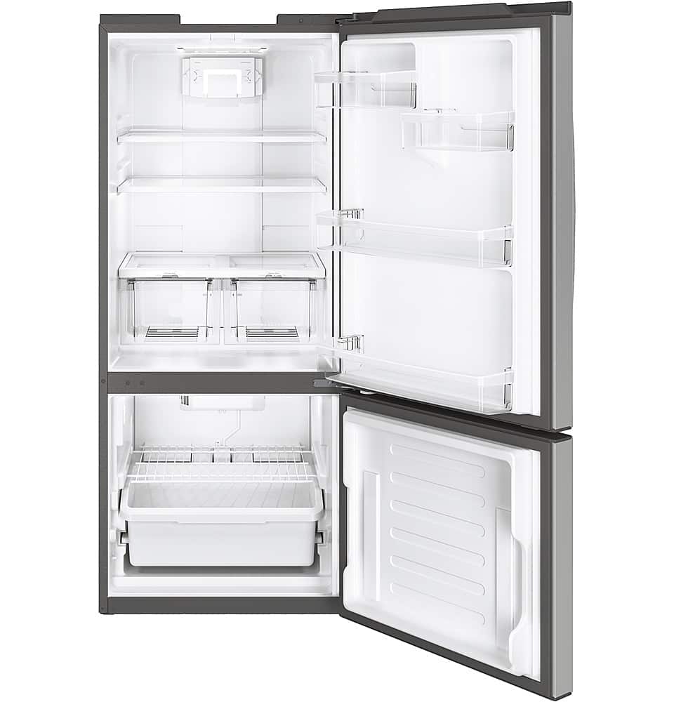 GE – 30 in. Wide 21.0 Cu. Ft. Bottom-Freezer Refrigerator with LED Interior Lighting – Stainless Steel