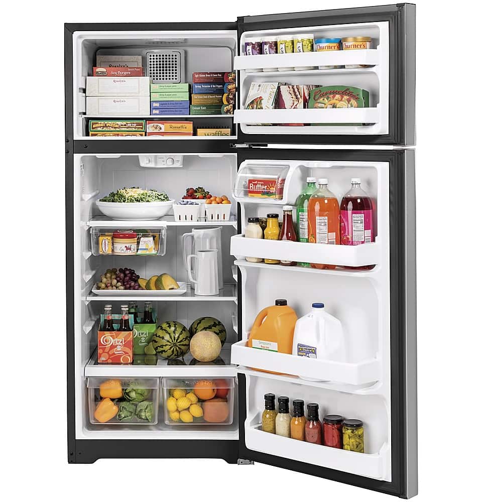 GE – 28 in. Wide 17.5 Cu. Ft. Top-Freezer Refrigerator with Edge-to-Edge Glass Shelves – Stainless Steel