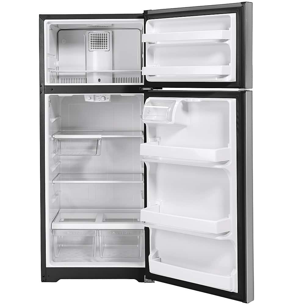 GE – 28 in. Wide 17.5 Cu. Ft. Top-Freezer Refrigerator with Edge-to-Edge Glass Shelves – Stainless Steel