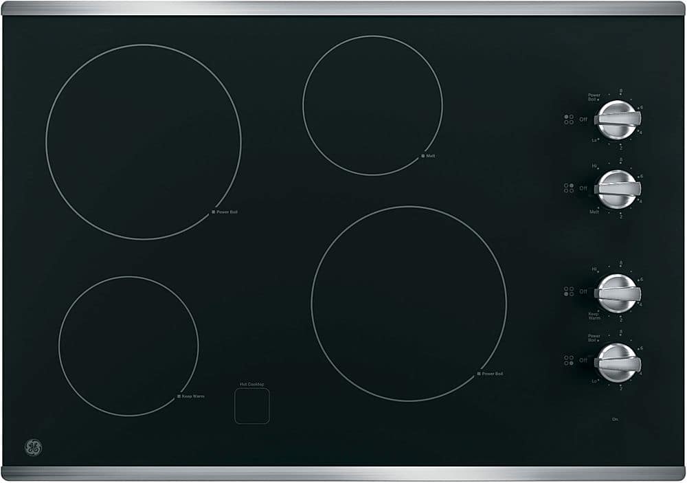 GE – 30 in. Wide 4 Element Built-In Electric Cooktop with 2 Power Boil Elements – Stainless Steel on Black