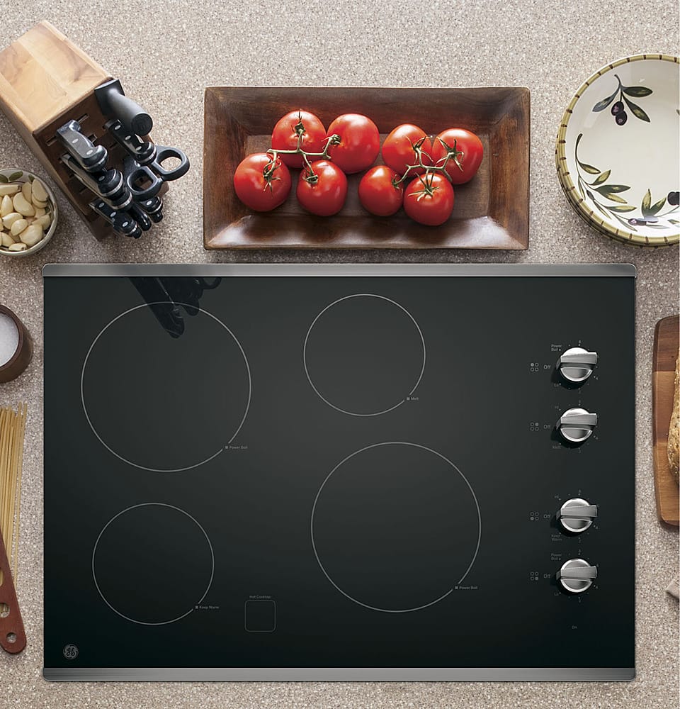 GE – 30 in. Wide 4 Element Built-In Electric Cooktop with 2 Power Boil Elements – Stainless Steel on Black
