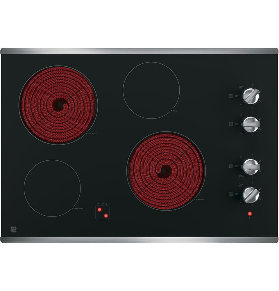 GE – 30 in. Wide 4 Element Built-In Electric Cooktop with 2 Power Boil Elements – Stainless Steel on Black