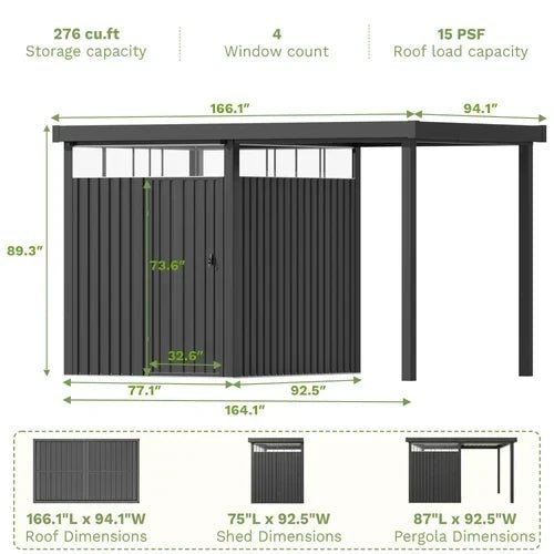 6×8 Metal Storage Shed with 7×8 Pergola Covered Porch - Prioka