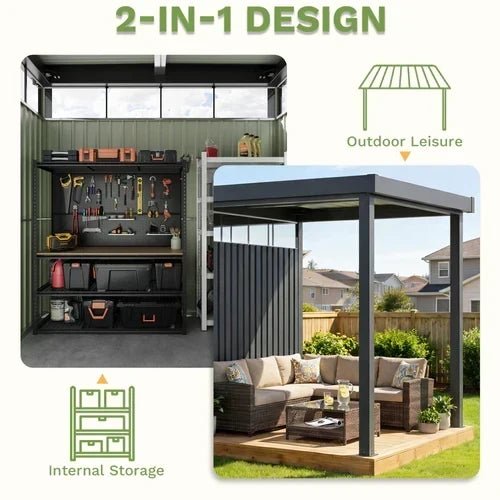 6×8 Metal Storage Shed with 7×8 Pergola Covered Porch - Prioka