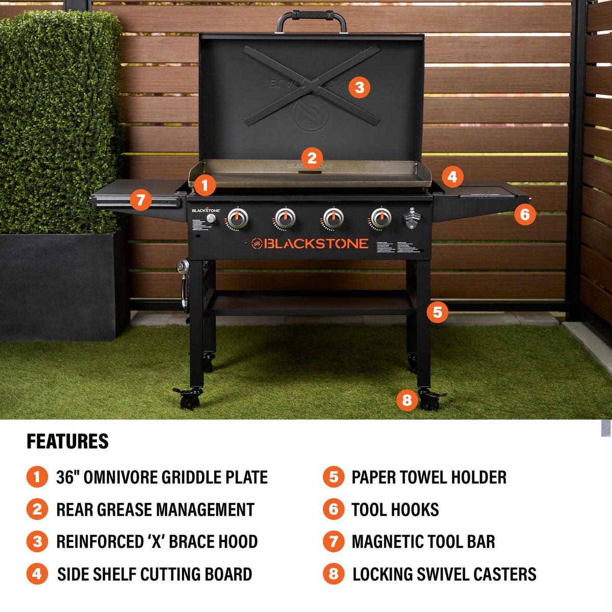 Blackstone Original Outdoor Griddle, 4-Burner 36″ Propane Flat Top Grill with Hood, Black