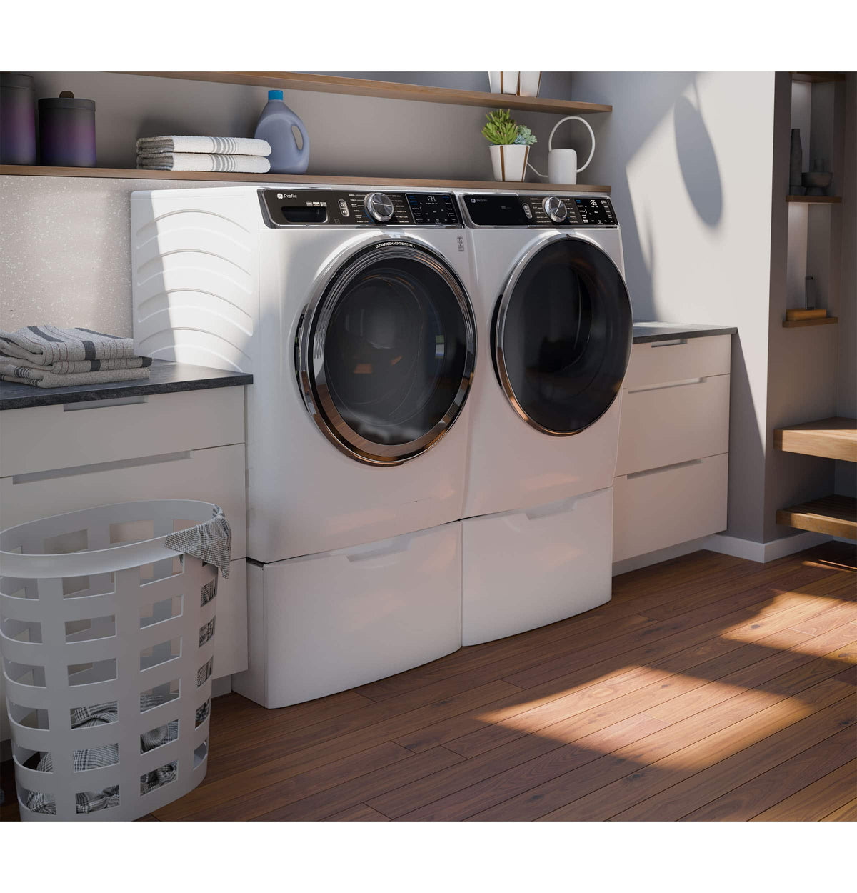 GE – 28 in. Wide and 16 in. Tall Laundry Pedestal with Storage Drawer for Select Washers and Dryers – White