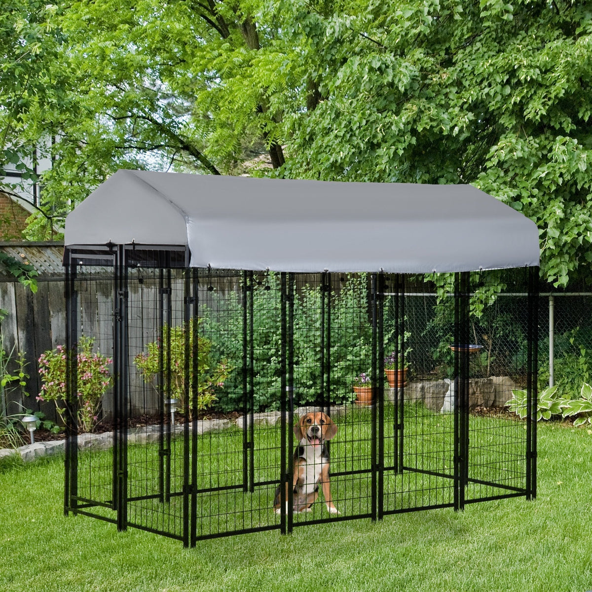 8' x 4' x 6' Large Dog Kennel Outdoor Steel Fence with UV-Resistant Oxford Cloth Roof & Secure Lock - Prioka
